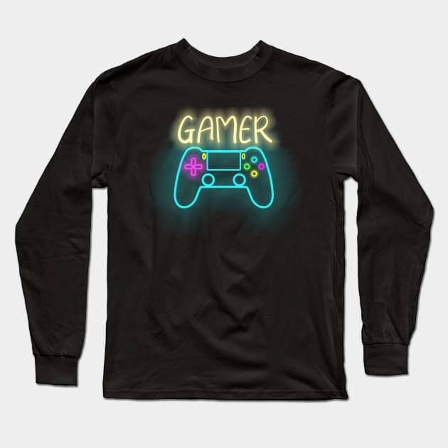 Neon gamer with neon controller Long Sleeve T-Shirt by Guntah